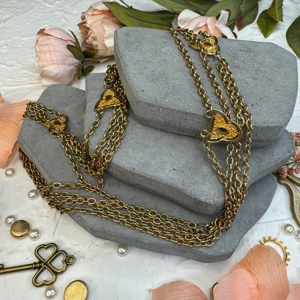 Vintage Gold Tone Multi Strand Chain Belt Long Wrap Necklace Textured Heart 48